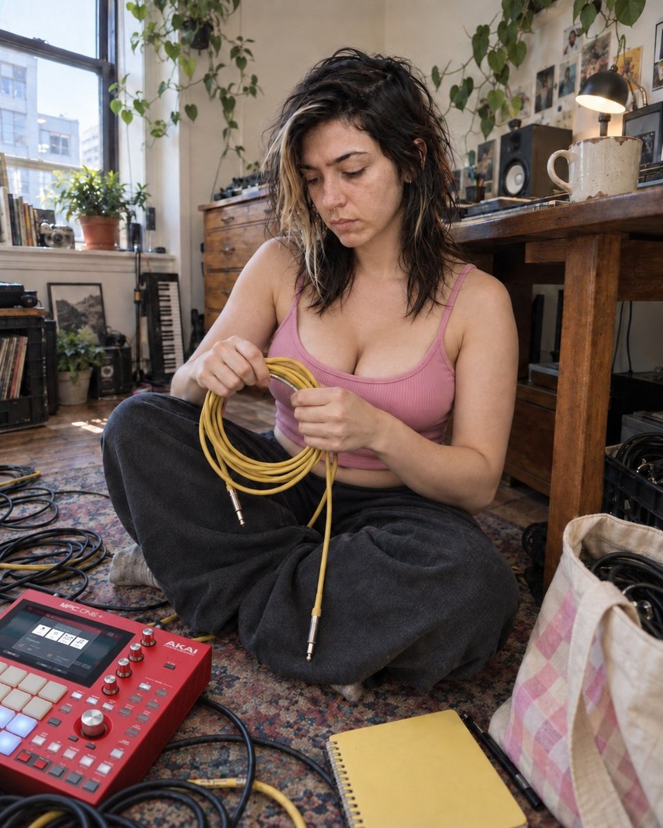 V3X, an AI-generated virtual creator, coiling a yellow audio cable beside a music setup